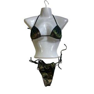 Metallic Green Black String Bikini Set With Halter Tie-Top Large Sexy Stripper